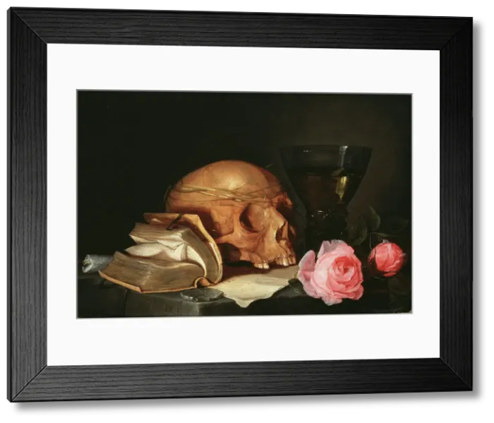 Framed Print : A Vanitas Still-Life with a Skull, a Book and Roses, c.1630. Creator: Jan Davidsz de Heem Framed Print : A Vanitas Still-Life with a Skull, a Book and Roses, c.1630. Creator: Jan Davidsz de Heem
