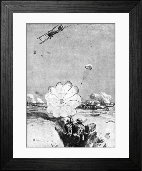 Framed Print : Combat Aerien; Avion ravitaillant en munitions, au moyen de parachutes, des mitrailleurs... 1918. Creator: Joseph Simpson Framed Print : Combat Aerien; Avion ravitaillant en munitions, au moyen de parachutes, des mitrailleurs... 1918. Creator: Joseph Simpson