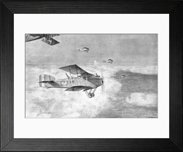 Framed Print : Combat Aerien; Escadre de bombardement de jour, volant au-dessus de la mer de nuages... 1918. Creator: Etienne Cournault Framed Print : Combat Aerien; Escadre de bombardement de jour, volant au-dessus de la mer de nuages... 1918. Creator: Etienne Cournault