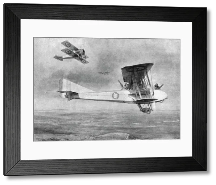 Framed Print : Combat Aerien; Avion triplace, en mission photographique, protégé par un Spad, 1918. Creator: Etienne Cournault Framed Print : Combat Aerien; Avion triplace, en mission photographique, protégé par un Spad, 1918. Creator: Etienne Cournault