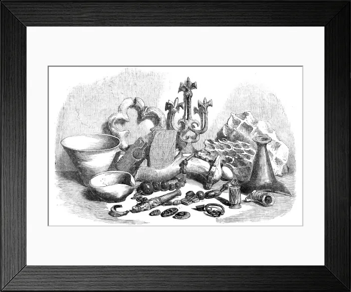 Framed Print : Relics from the Buried City of Brahmunabad, in Sind - Pottery, Ironwork, Glass, etc, 1857. Creator: Unknown Framed Print : Relics from the Buried City of Brahmunabad, in Sind - Pottery, Ironwork, Glass, etc, 1857. Creator: Unknown