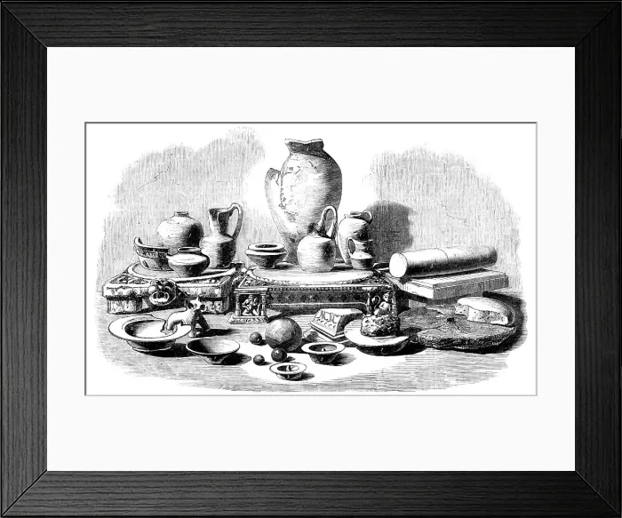 Framed Print : Relics from the Buried City of Brahmunabad, in Sind - Pottery, Fragments of Mills, etc, 1857. Creator: Unknown Framed Print : Relics from the Buried City of Brahmunabad, in Sind - Pottery, Fragments of Mills, etc, 1857. Creator: Unknown