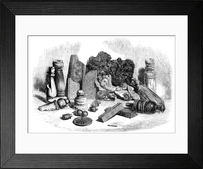 Framed Print : Relics from the Buried City of Brahmunabad, in Sind - Chessmen, Portion of Chess-board... 1857. Creator: Unknown Framed Print : Relics from the Buried City of Brahmunabad, in Sind - Chessmen, Portion of Chess-board... 1857. Creator: Unknown