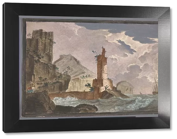 View of a harbor with the ruin of a tower on the waterfront, 1700-1799. Creator: Anon