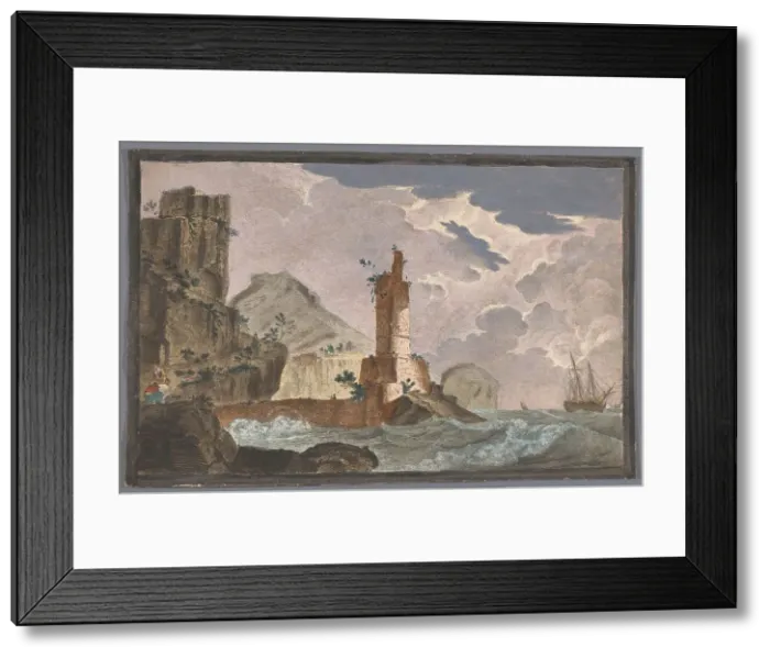 Framed Print : View of a harbor with the ruin of a tower on the waterfront, 1700-1799. Creator: Anon Framed Print : View of a harbor with the ruin of a tower on the waterfront, 1700-1799. Creator: Anon