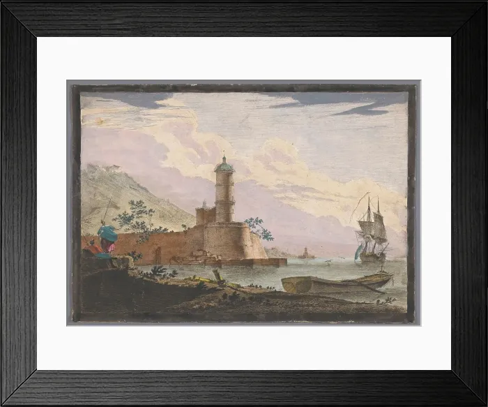 Framed Print : View of a harbor with a tower on the waterfront, 1700-1799. Creator: Anon Framed Print : View of a harbor with a tower on the waterfront, 1700-1799. Creator: Anon