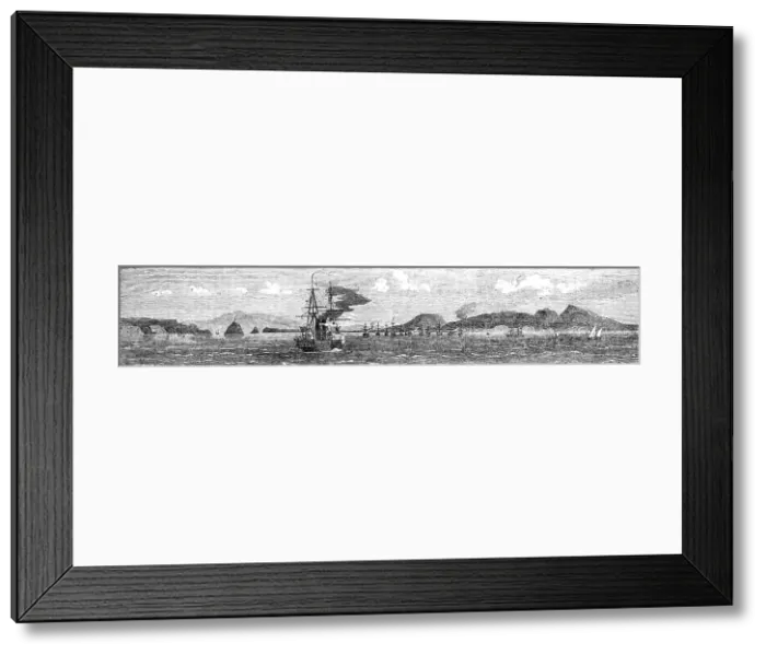 Framed Print : The Persian Expedition - Island of Kishni, Harbour of Bunder Abbas, Fleet at Anchor, Persian...1857. Creator: Unknown Framed Print : The Persian Expedition - Island of Kishni, Harbour of Bunder Abbas, Fleet at Anchor, Persian...1857. Creator: Unknown