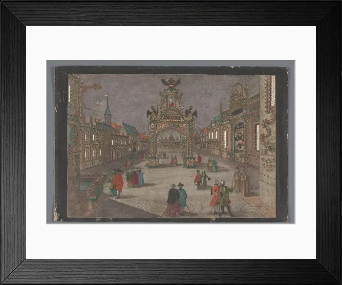 Framed Print : View of a triumphal arch with a two-headed eagle and a portrait bust of Joseph II... 1765-1799. Creator: Anon Framed Print : View of a triumphal arch with a two-headed eagle and a portrait bust of Joseph II... 1765-1799. Creator: Anon