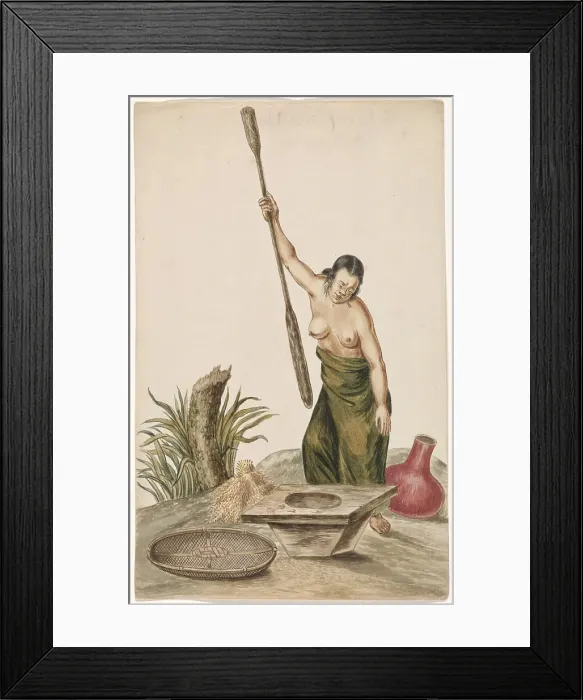 Framed Print : Woman pounding rice in a pestle and mortar, 1675-c.1725. Creator: Anon Framed Print : Woman pounding rice in a pestle and mortar, 1675-c.1725. Creator: Anon