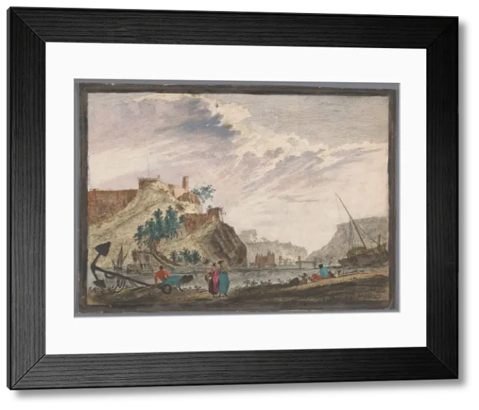 Framed Print : View of a harbour with rocks, 1700-1799. Creator: Marie-Jeanne Ozanne Framed Print : View of a harbour with rocks, 1700-1799. Creator: Marie-Jeanne Ozanne