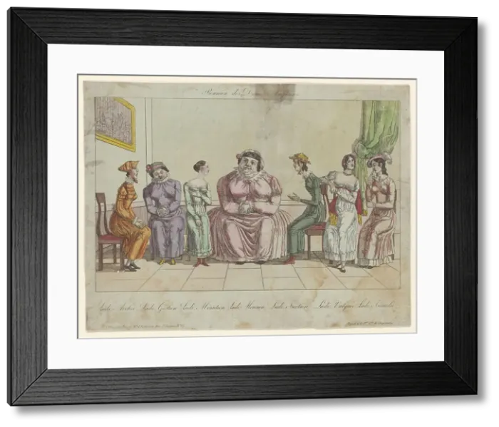 Framed Print : Group of English ladies seated on chairs. 1815. Creators: Anon, Paul-André Basset Framed Print : Group of English ladies seated on chairs. 1815. Creators: Anon, Paul-André Basset
