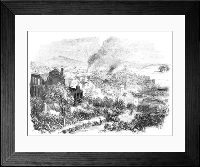 Framed Print : Canton and Part of the Suburbs, sketched during the Conflagration in the City, 1857. Creator: Unknown Framed Print : Canton and Part of the Suburbs, sketched during the Conflagration in the City, 1857. Creator: Unknown