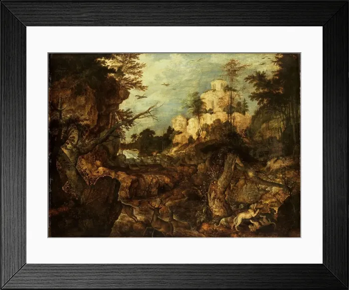 Framed Print : Wild boar hunt in a rocky landscape, 1620. Creator: Roelandt Savery Framed Print : Wild boar hunt in a rocky landscape, 1620. Creator: Roelandt Savery