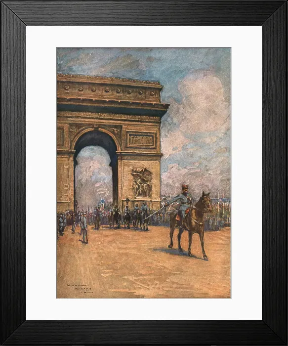 Framed Print : Le jour de gloire; Le General Mangin, en tete de l'Armee Coloniale, passe sous l'Arc de... 1919. Creator: Charles-Jules Duvent