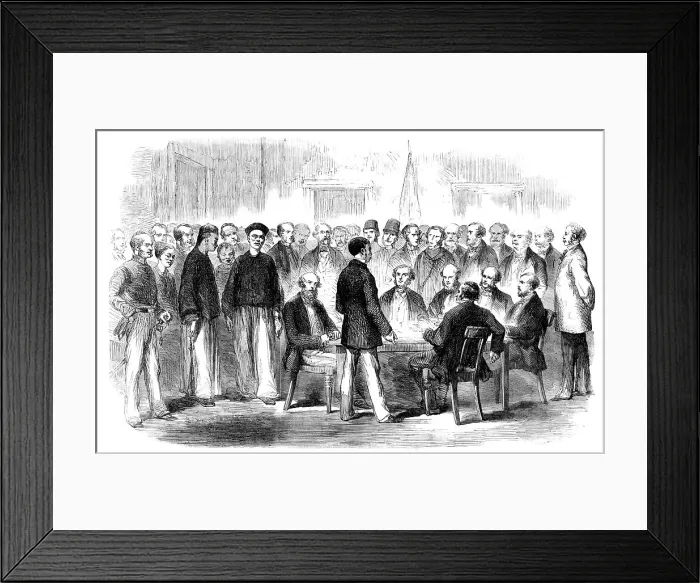 Framed Print : The War in China - Examination at the Police-Office, Victoria, Hong-Kong, of Esing... 1857. Creator: Marciano Antonio Baptista Framed Print : The War in China - Examination at the Police-Office, Victoria, Hong-Kong, of Esing... 1857. Creator: Marciano Antonio Baptista