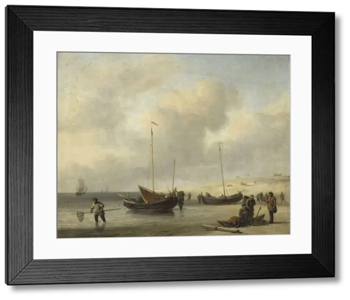Framed Print : Fishing Boats on Shore (The Shore, Unloading a Fishing Smack), 1650-1707. Creator: Willem van de Velde the Younger Framed Print : Fishing Boats on Shore (The Shore, Unloading a Fishing Smack), 1650-1707. Creator: Willem van de Velde the Younger