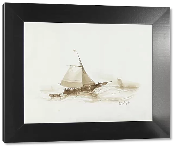 Sailing ship with figures on the water, 1830-1860. Creator: Albertus van Beest