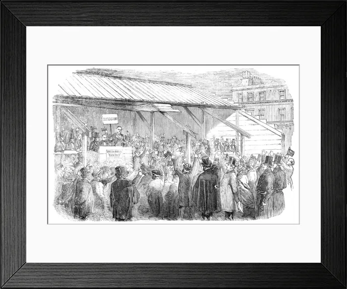 Framed Print : The Finsbury Election: the Hustings on Clerkenwell-Green: the Nominations, 1857. Creator: Unknown Framed Print : The Finsbury Election: the Hustings on Clerkenwell-Green: the Nominations, 1857. Creator: Unknown