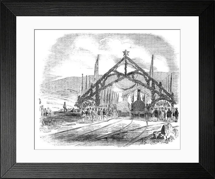 Framed Print : Opening of the Valparaiso and Santiago Railway - Train leaving the Valparaiso Station, 1856. Creator: Unknown Framed Print : Opening of the Valparaiso and Santiago Railway - Train leaving the Valparaiso Station, 1856. Creator: Unknown