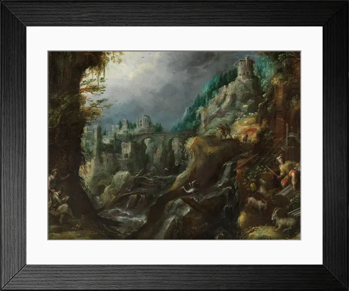 Framed Print : Mountain landscape with rushing river, classical ruins and shepherds, 1590s. Creator: Lambert Doomer