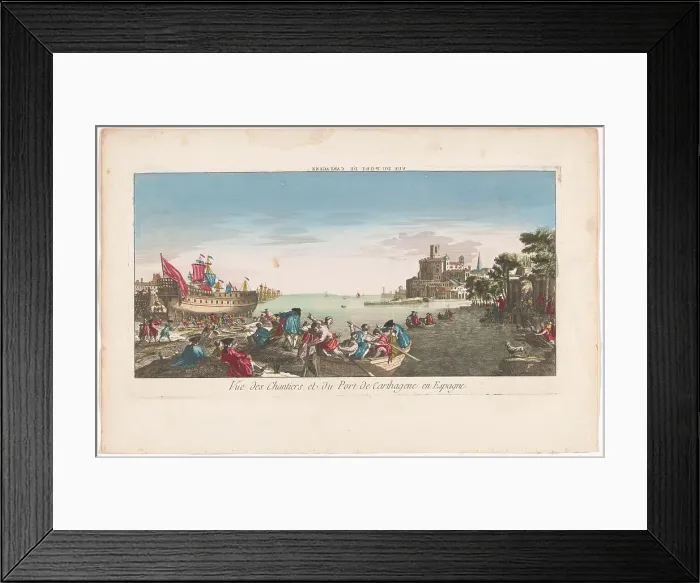 Framed Print : View of a harbor with a shipyard in Cartagena, Spain, 1700-1799. Creator: Anon Framed Print : View of a harbor with a shipyard in Cartagena, Spain, 1700-1799. Creator: Anon