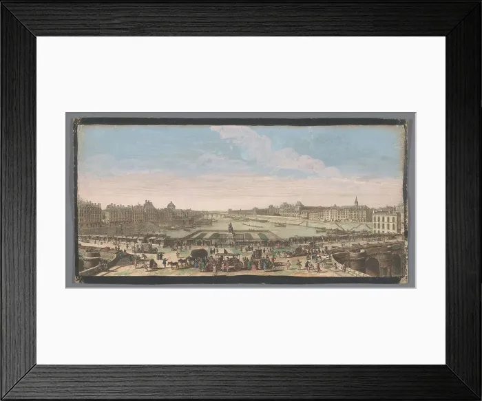 Framed Print : View of the Pont Neuf over the Seine River in Paris, seen towards the Pont Royal, 1700-1799. Creators: Anon, Jacques Rigaud Framed Print : View of the Pont Neuf over the Seine River in Paris, seen towards the Pont Royal, 1700-1799. Creators: Anon, Jacques Rigaud