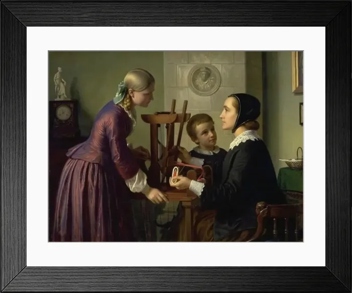 Framed Print : A housewife at her loom, with her two children, 1859. Creator: Constantin Hansen Framed Print : A housewife at her loom, with her two children, 1859. Creator: Constantin Hansen