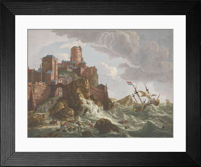 Framed Print : View on a coast with ships and boats on the cliffs in Norway, 1700-1799. Creators: Anon, Pierre Maleuvre Framed Print : View on a coast with ships and boats on the cliffs in Norway, 1700-1799. Creators: Anon, Pierre Maleuvre