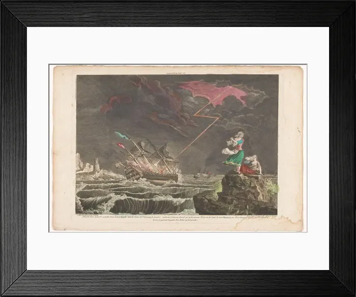 Framed Print : View of a ship struck by lightning at sea, 1700-1799. Creator: Unknown Framed Print : View of a ship struck by lightning at sea, 1700-1799. Creator: Unknown