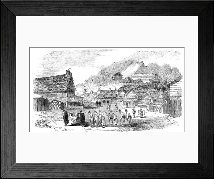 Framed Print : Street in Hakodade, and funeral procession, 1856. Creator: Unknown Framed Print : Street in Hakodade, and funeral procession, 1856. Creator: Unknown