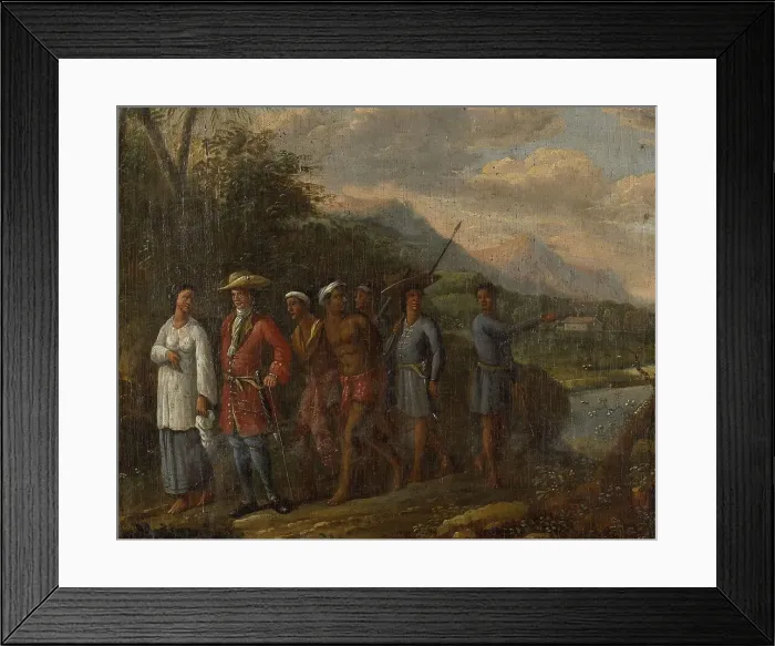 Framed Print : Dutch merchant with two enslaved men in a hilly landscape, 1700-1725. Creator: Unknown Framed Print : Dutch merchant with two enslaved men in a hilly landscape, 1700-1725. Creator: Unknown
