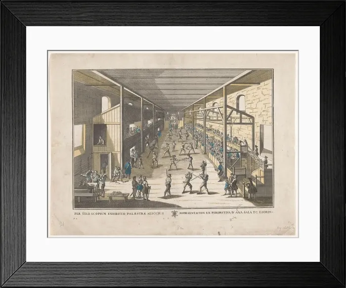 Framed Print : View of a fencing school, 1700-1799. Creator: Remondini family Framed Print : View of a fencing school, 1700-1799. Creator: Remondini family