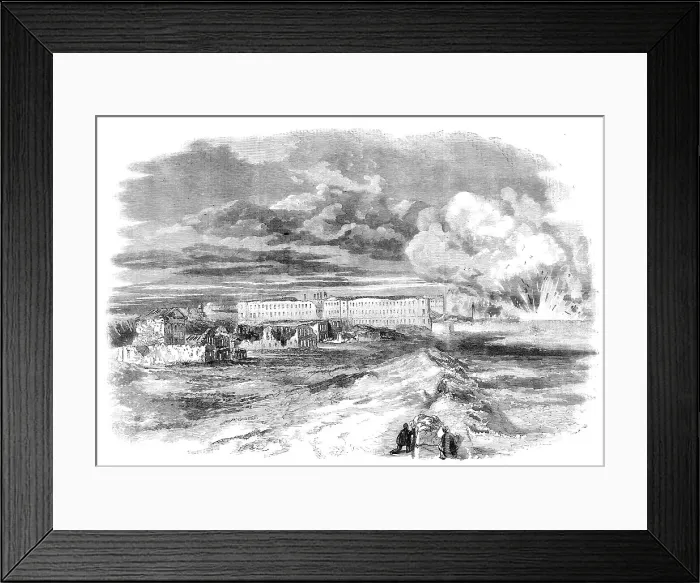Framed Print : Destruction of the Docks, Sebastopol - from a sketch by J. A. Crowe, 1856. Creator: J. A. Crowe Framed Print : Destruction of the Docks, Sebastopol - from a sketch by J. A. Crowe, 1856. Creator: J. A. Crowe