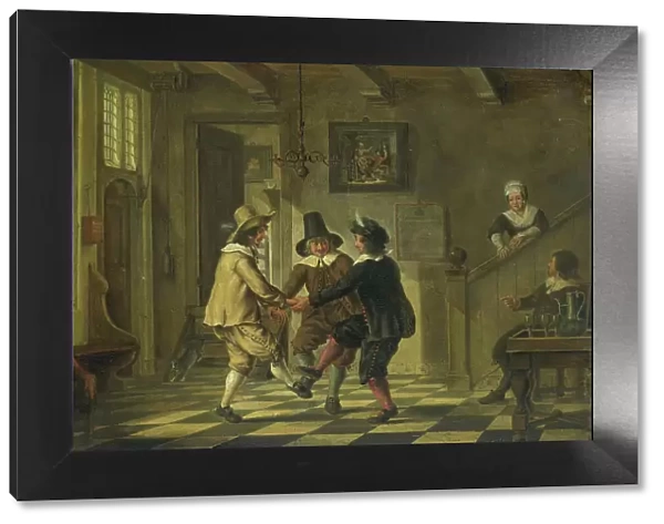 Three men in seventeenth-century costumes dancing in the entrance hall of a house, 1700-1885. Creator: Unknown