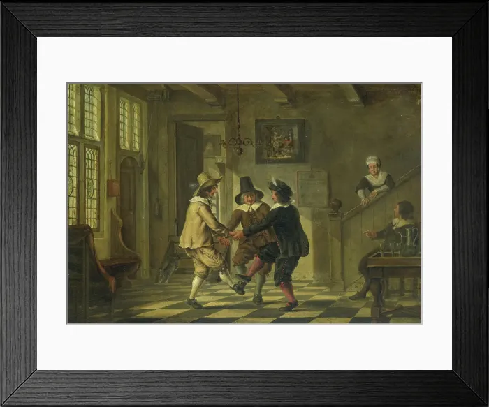 Framed Print : Three men in seventeenth-century costumes dancing in the entrance hall of a house, 1700-1885. Creator: Unknown Framed Print : Three men in seventeenth-century costumes dancing in the entrance hall of a house, 1700-1885. Creator: Unknown