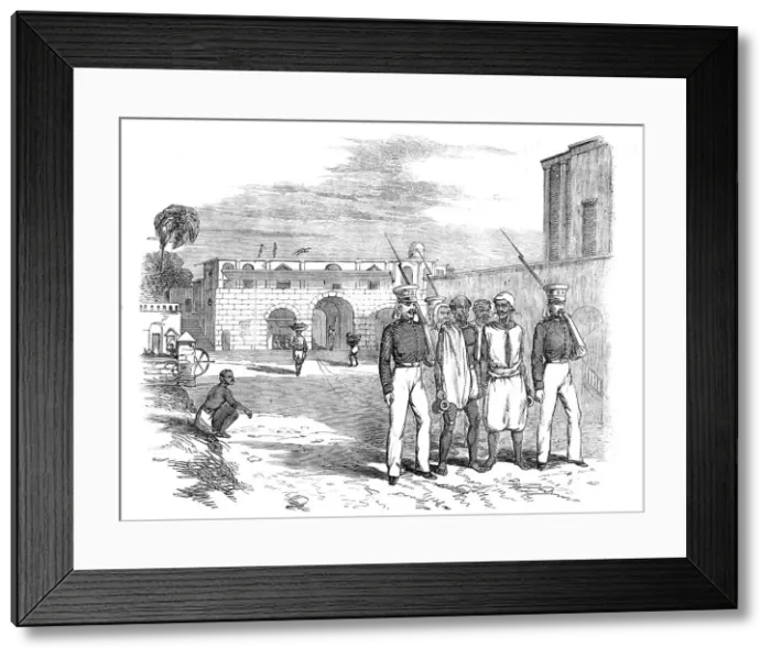 Framed Print : Calcutta Gate and Main Guard, Fort William: Native Prisoners under Escort, 1857. Creator: Unknown Framed Print : Calcutta Gate and Main Guard, Fort William: Native Prisoners under Escort, 1857. Creator: Unknown