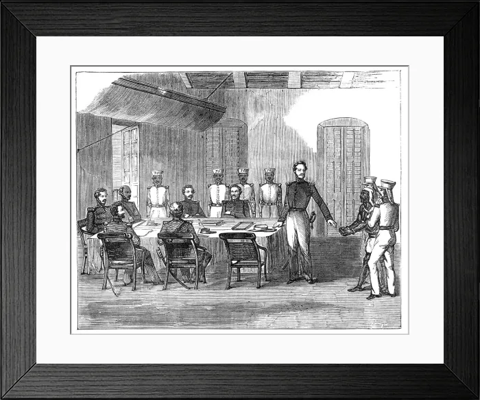Framed Print : Trial of Native Prisoner by General Court-Martial, at the Main Guard, Fort William, Calcutta, 1857. Creator: Unknown Framed Print : Trial of Native Prisoner by General Court-Martial, at the Main Guard, Fort William, Calcutta, 1857. Creator: Unknown