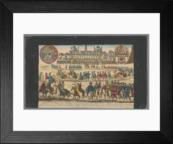 Framed Print : View of the Town Hall in Paris with a procession proclaiming peace, 1700-1799. Creator: Anon Framed Print : View of the Town Hall in Paris with a procession proclaiming peace, 1700-1799. Creator: Anon