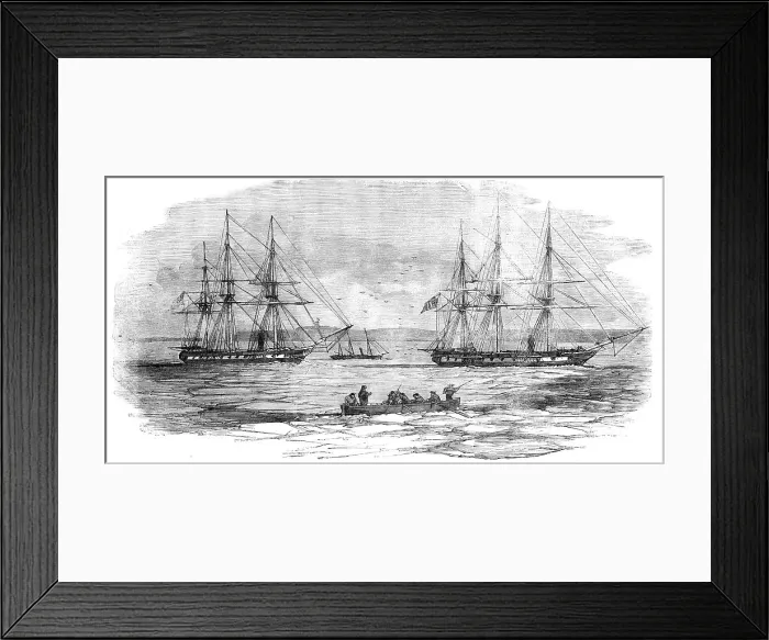 Framed Print : Kinburn - the Curacoa and Tribune Steam-frigates, and Beagle Gun-boat, in the Ice, 1856. Creator: Unknown. Kinburn - the Curacoa and Tribune Steam-frigates, and Beagle Gun-boat, in the Ice, 1856