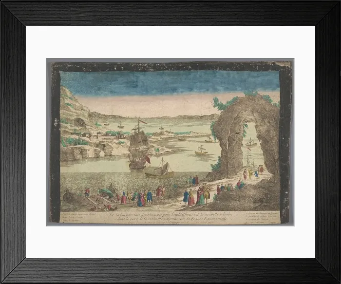 Framed Print : View of arrival of the French in the port of Cayenne to establish a new settlement. 1762. Creator: Anon Framed Print : View of arrival of the French in the port of Cayenne to establish a new settlement. 1762. Creator: Anon