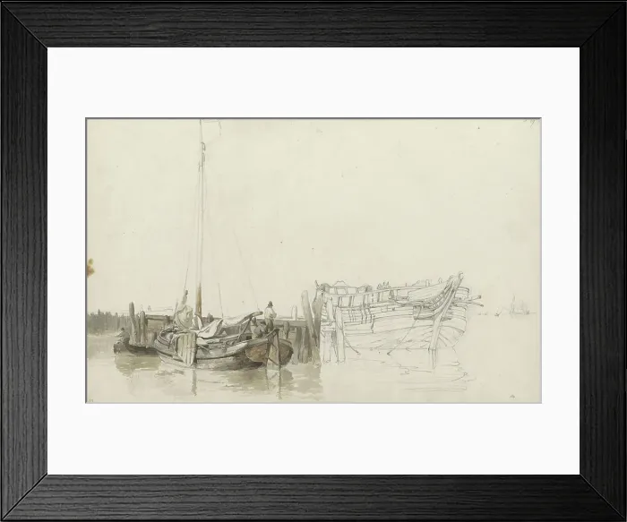 Framed Print : Men on a moored fishing boat at a quay, 1797-1838. Creator: Johannes Christiaan Schotel Framed Print : Men on a moored fishing boat at a quay, 1797-1838. Creator: Johannes Christiaan Schotel