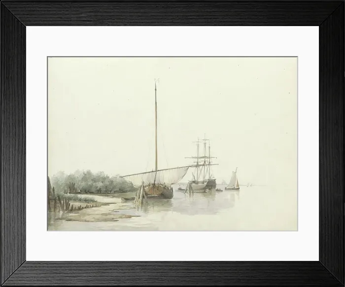 Framed Print : Sailing ships at anchor by a riverbank, 1797-1838. Creator: Johannes Christiaan Schotel Framed Print : Sailing ships at anchor by a riverbank, 1797-1838. Creator: Johannes Christiaan Schotel