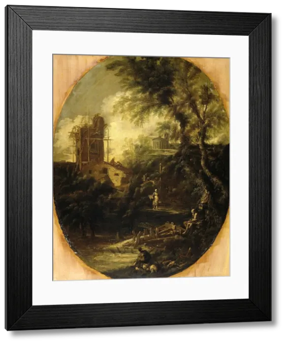 Framed Print : Landscape with Hermit, Pilgrim and Peasant Woman, 1690-1740. Creator: Antonio Francesco Peruzzini Framed Print : Landscape with Hermit, Pilgrim and Peasant Woman, 1690-1740. Creator: Antonio Francesco Peruzzini