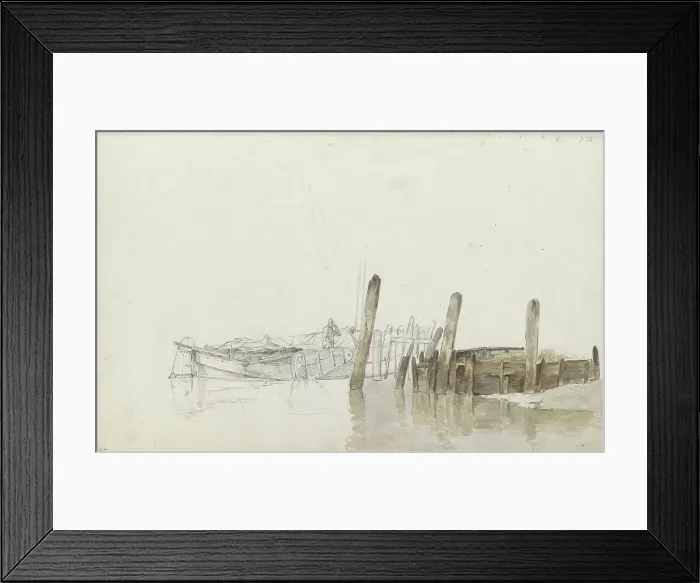 Framed Print : Man on a moored fishing boat at a quay, 1797-1838. Creator: Johannes Christiaan Schotel Framed Print : Man on a moored fishing boat at a quay, 1797-1838. Creator: Johannes Christiaan Schotel