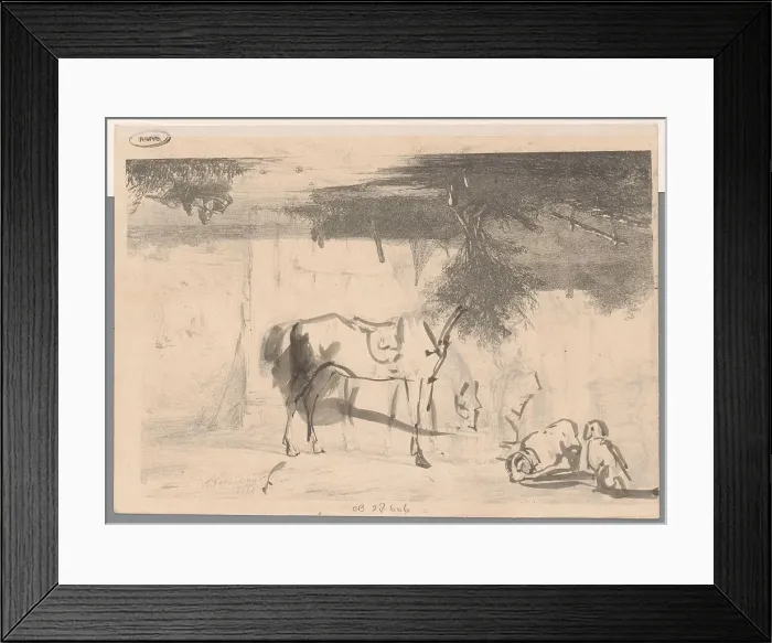 Framed Print : River landscape; two horses and a servant in a stable, 1846. Creator: Johannes Franciscus Hoppenbrouwers Framed Print : River landscape; two horses and a servant in a stable, 1846. Creator: Johannes Franciscus Hoppenbrouwers