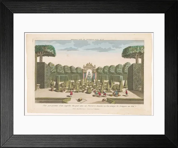 Framed Print : View of a park with trees, hedges and lawns where orange trees are planted in the summer, 1700-1799. Creator: Anon Framed Print : View of a park with trees, hedges and lawns where orange trees are planted in the summer, 1700-1799. Creator: Anon