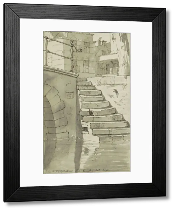 Framed Print : Stairs to the canal on the Koorstraat in Delft, c.1783-c.1797. Creator: Johannes Huibert Prins Framed Print : Stairs to the canal on the Koorstraat in Delft, c.1783-c.1797. Creator: Johannes Huibert Prins
