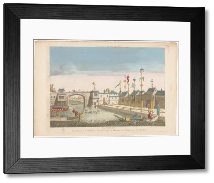 Framed Print : View of a bridge and a row of flags of different boats in Cochin-China, 1700-1799. Creator: Anon Framed Print : View of a bridge and a row of flags of different boats in Cochin-China, 1700-1799. Creator: Anon