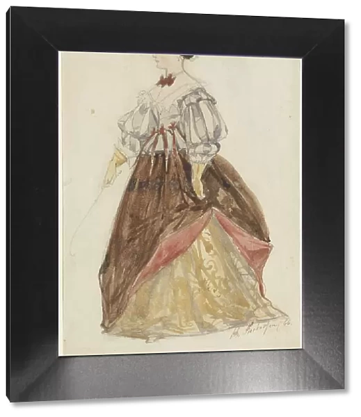 Woman in riding dress, with feathered hat, gloves, and whip in hand, 1866. Creator: Charles Rochussen