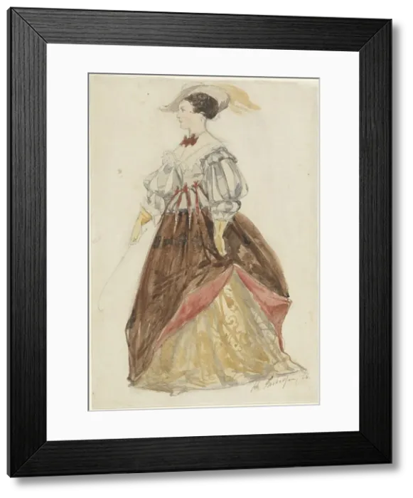Framed Print : Woman in riding dress, with feathered hat, gloves, and whip in hand, 1866. Creator: Charles Rochussen Framed Print : Woman in riding dress, with feathered hat, gloves, and whip in hand, 1866. Creator: Charles Rochussen